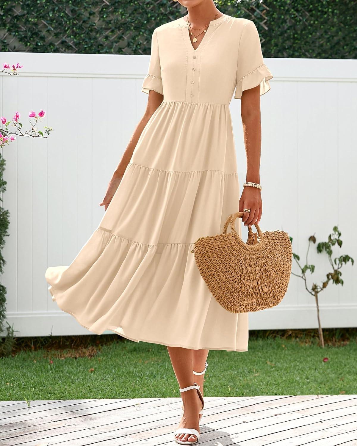imageBTFBM Summer Dresses for Women 2025 Vacation V Neck Loose Short Sleeve A Line Tiered Flowy Casual Midi Beach DressBeige
