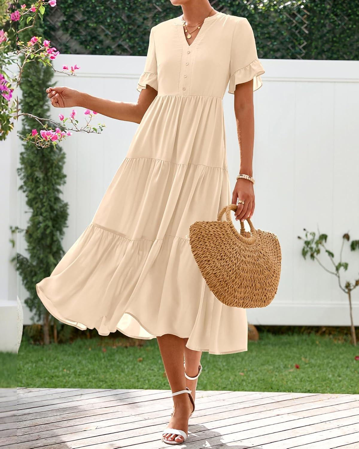 imageBTFBM Summer Dresses for Women 2025 Vacation V Neck Loose Short Sleeve A Line Tiered Flowy Casual Midi Beach DressBeige