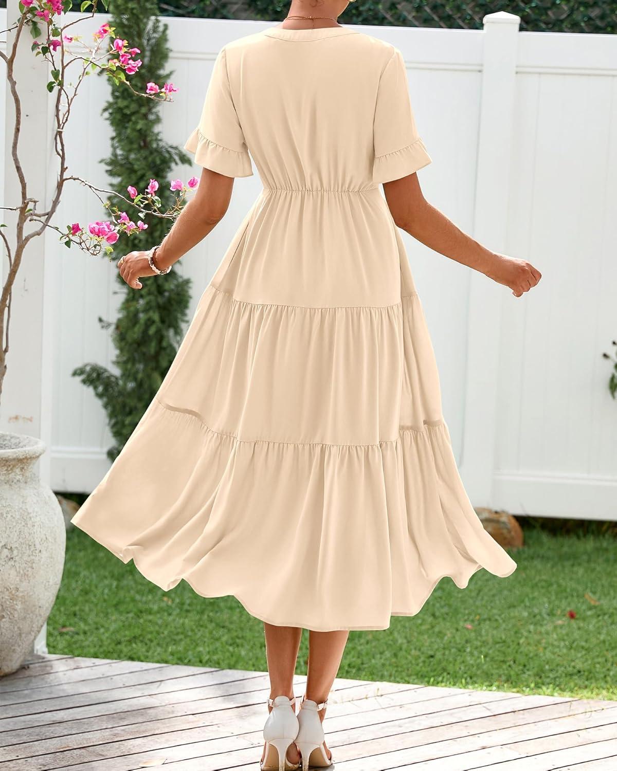imageBTFBM Summer Dresses for Women 2025 Vacation V Neck Loose Short Sleeve A Line Tiered Flowy Casual Midi Beach DressBeige