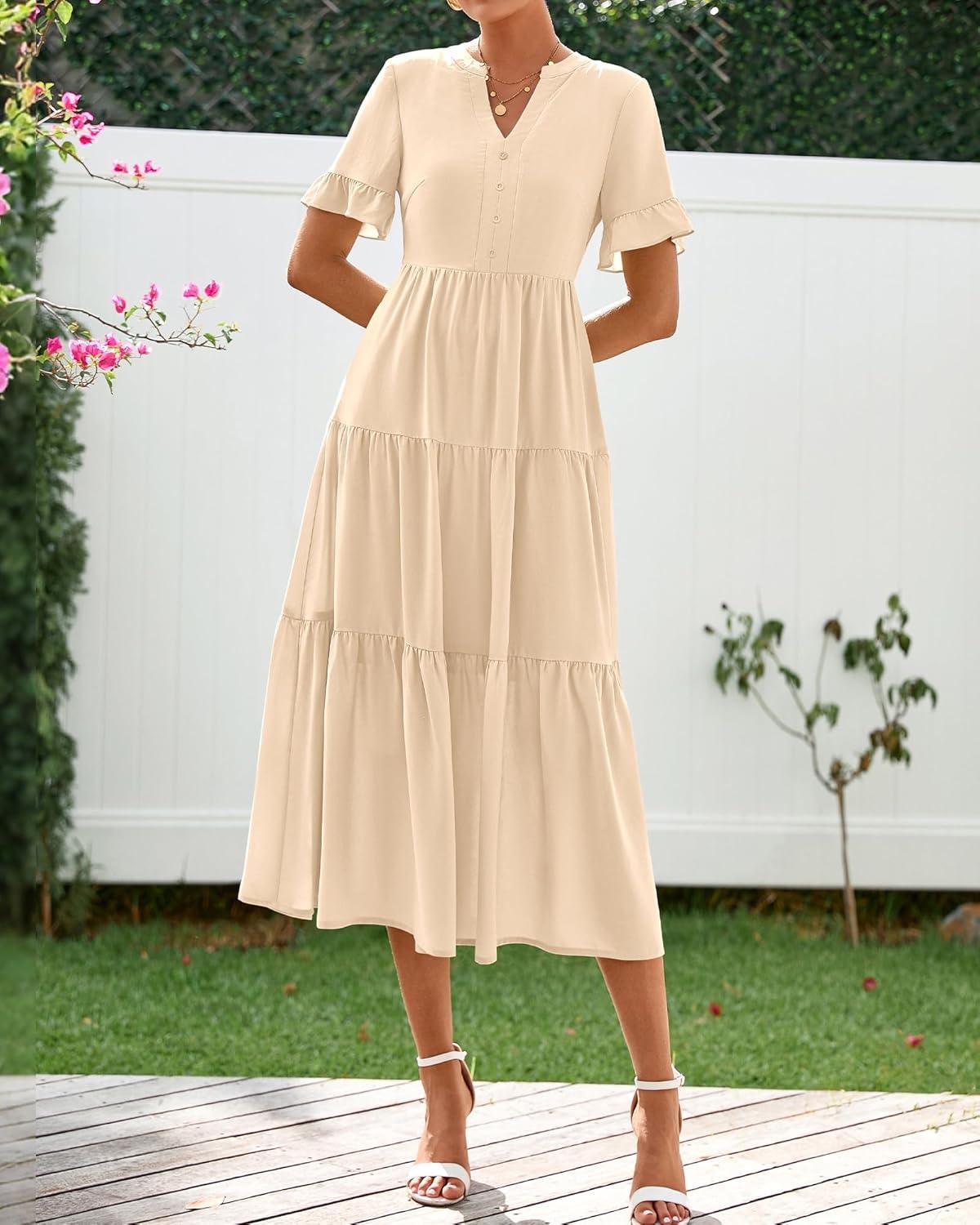 imageBTFBM Summer Dresses for Women 2025 Vacation V Neck Loose Short Sleeve A Line Tiered Flowy Casual Midi Beach DressBeige