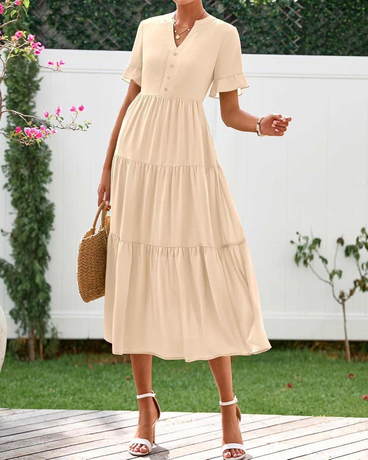 imageBTFBM Summer Dresses for Women 2025 Vacation V Neck Loose Short Sleeve A Line Tiered Flowy Casual Midi Beach DressBeige