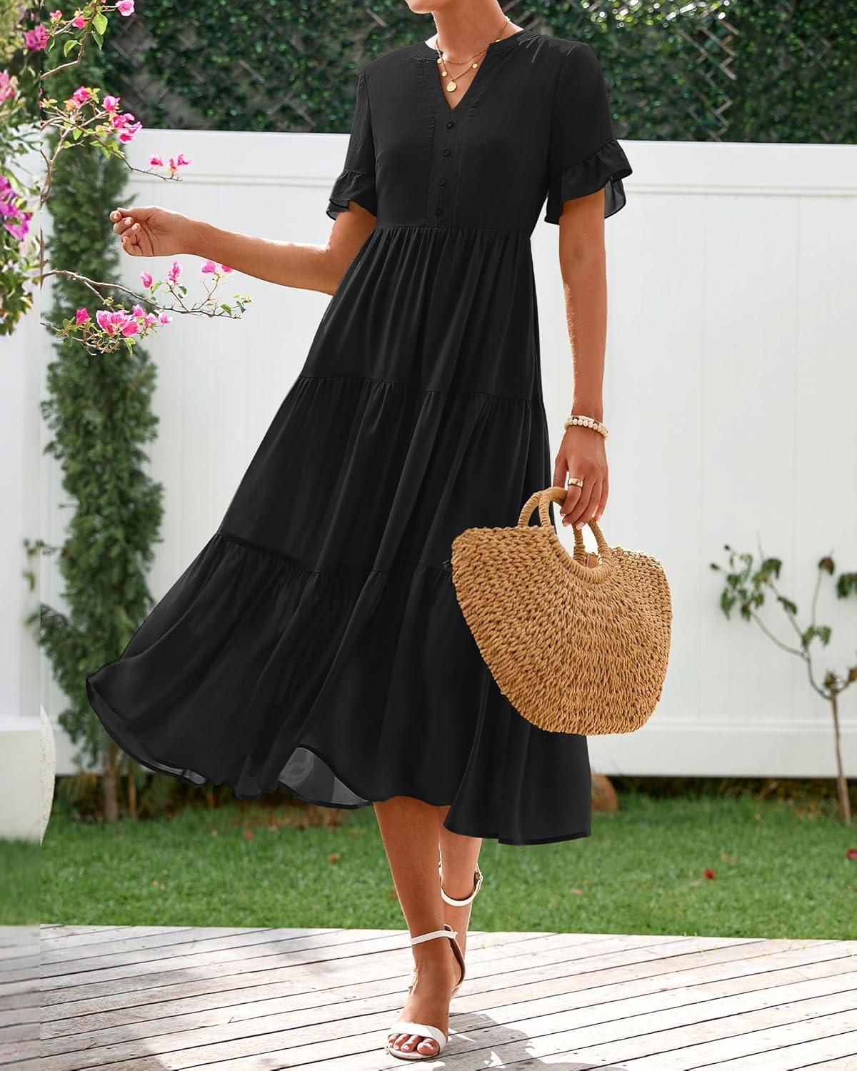 imageBTFBM Summer Dresses for Women 2025 Vacation V Neck Loose Short Sleeve A Line Tiered Flowy Casual Midi Beach DressBlack