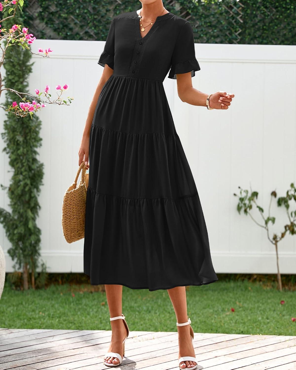 imageBTFBM Summer Dresses for Women 2025 Vacation V Neck Loose Short Sleeve A Line Tiered Flowy Casual Midi Beach DressBlack