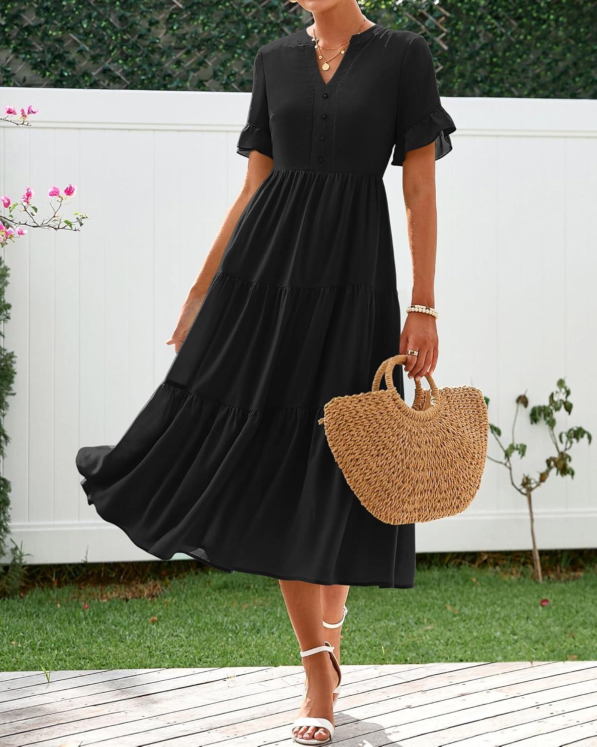 imageBTFBM Summer Dresses for Women 2025 Vacation V Neck Loose Short Sleeve A Line Tiered Flowy Casual Midi Beach DressBlack