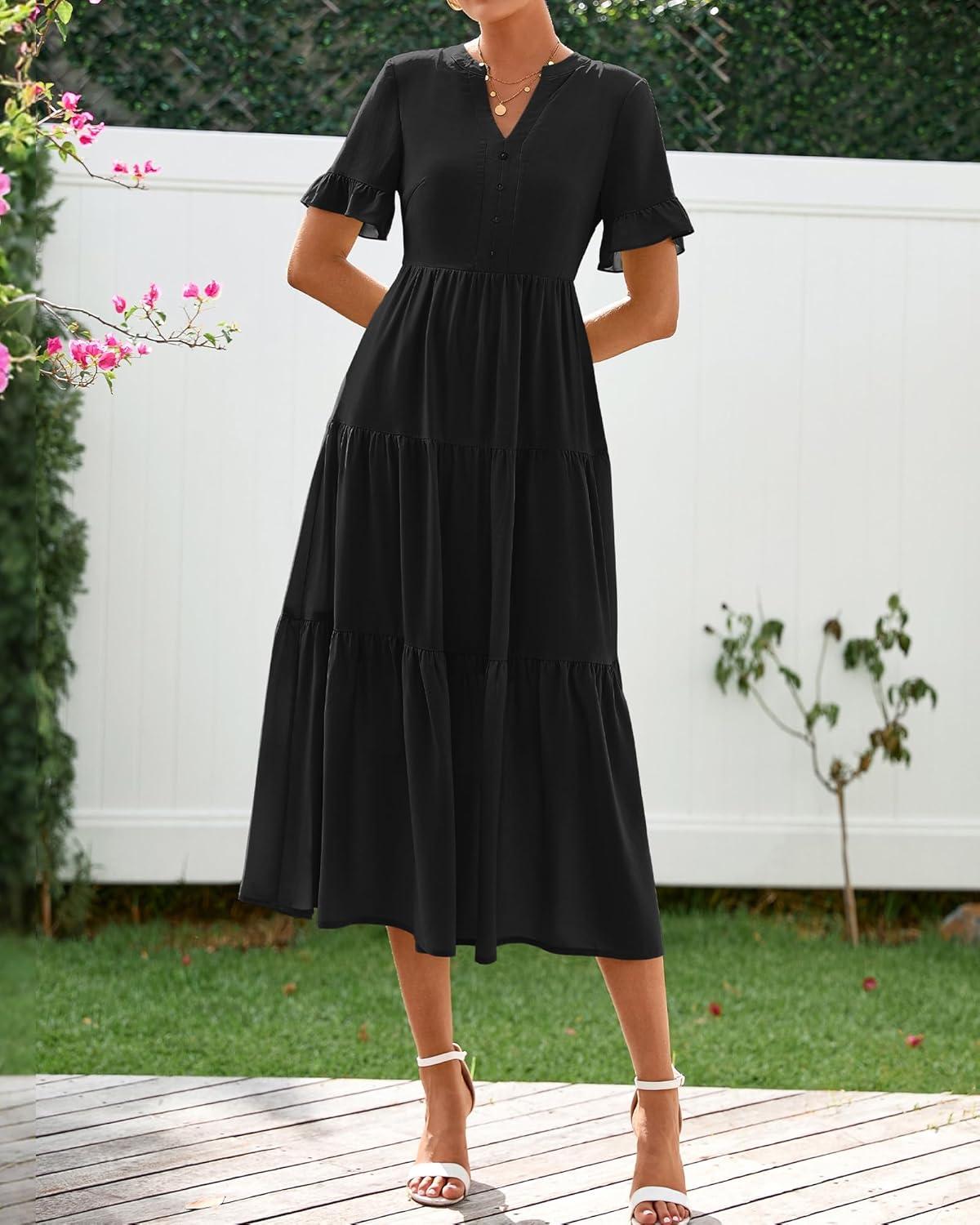 imageBTFBM Summer Dresses for Women 2025 Vacation V Neck Loose Short Sleeve A Line Tiered Flowy Casual Midi Beach DressBlack