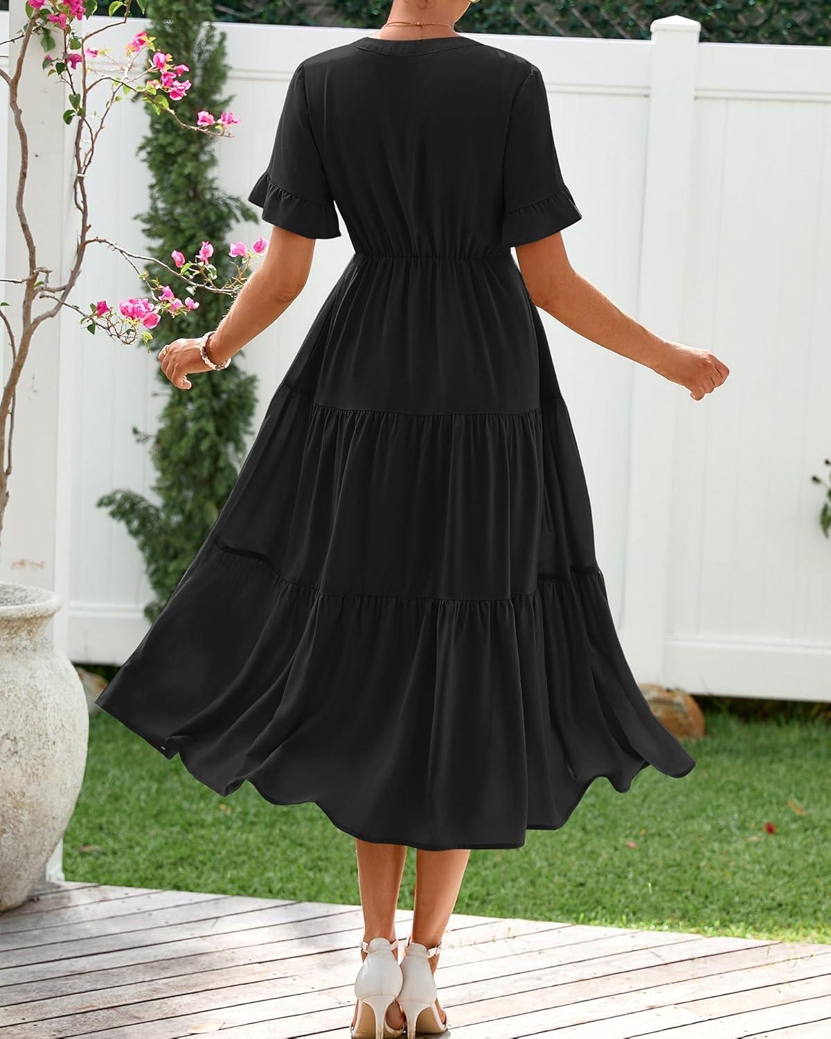 imageBTFBM Summer Dresses for Women 2025 Vacation V Neck Loose Short Sleeve A Line Tiered Flowy Casual Midi Beach DressBlack