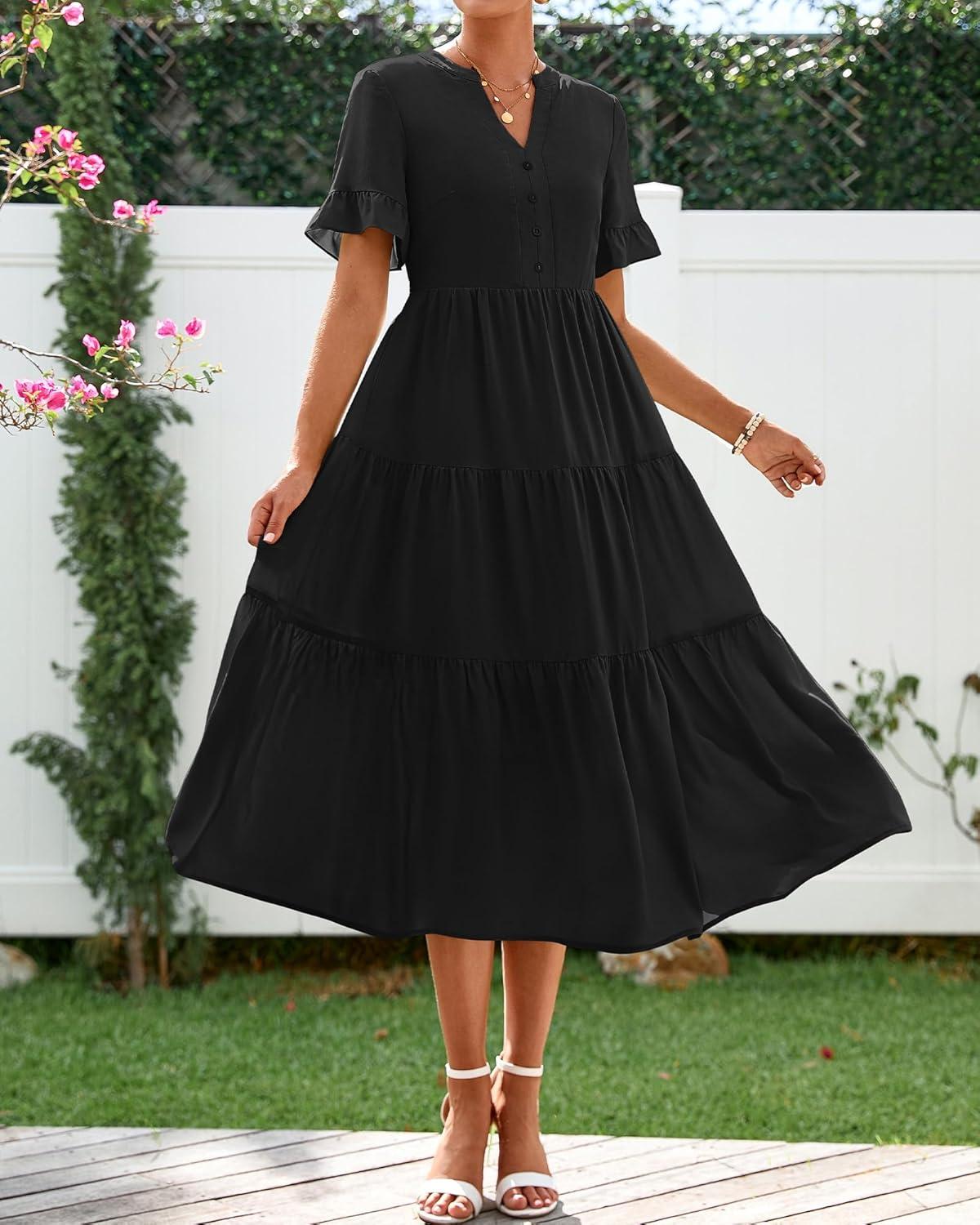 imageBTFBM Summer Dresses for Women 2025 Vacation V Neck Loose Short Sleeve A Line Tiered Flowy Casual Midi Beach DressBlack