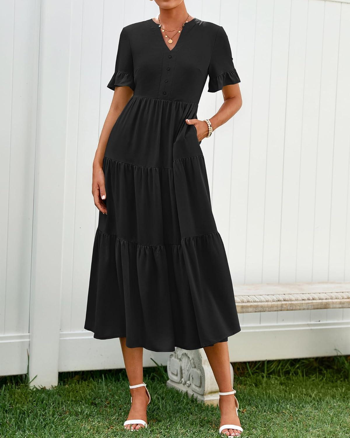 imageBTFBM Summer Dresses for Women 2025 Vacation V Neck Loose Short Sleeve A Line Tiered Flowy Casual Midi Beach DressBlack