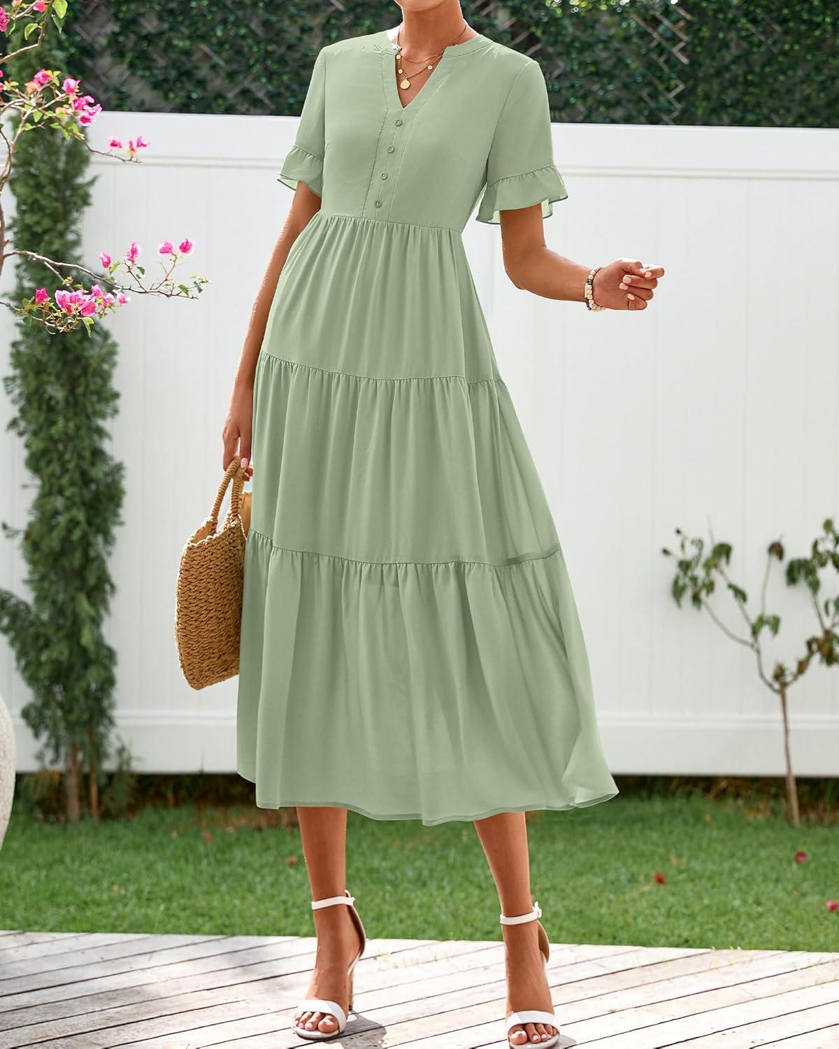 imageBTFBM Summer Dresses for Women 2025 Vacation V Neck Loose Short Sleeve A Line Tiered Flowy Casual Midi Beach DressGrey Green
