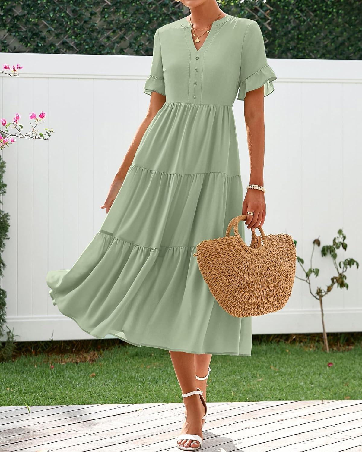 imageBTFBM Summer Dresses for Women 2025 Vacation V Neck Loose Short Sleeve A Line Tiered Flowy Casual Midi Beach DressGrey Green