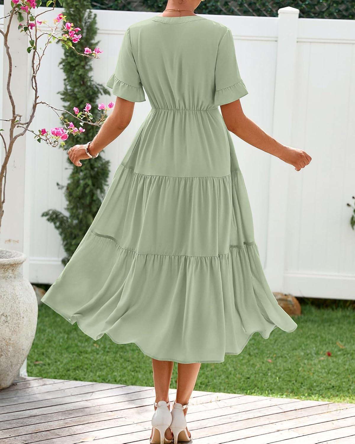imageBTFBM Summer Dresses for Women 2025 Vacation V Neck Loose Short Sleeve A Line Tiered Flowy Casual Midi Beach DressGrey Green