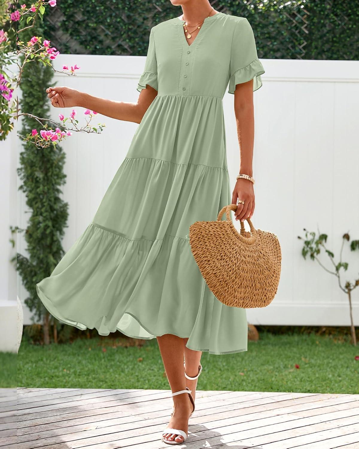 imageBTFBM Summer Dresses for Women 2025 Vacation V Neck Loose Short Sleeve A Line Tiered Flowy Casual Midi Beach DressGrey Green