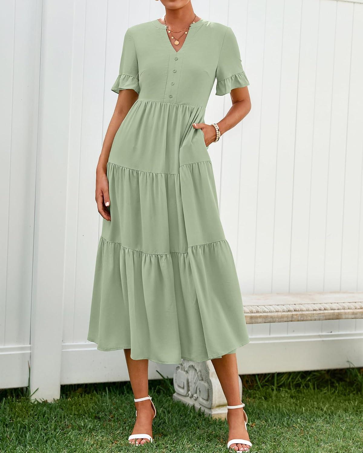 imageBTFBM Summer Dresses for Women 2025 Vacation V Neck Loose Short Sleeve A Line Tiered Flowy Casual Midi Beach DressGrey Green