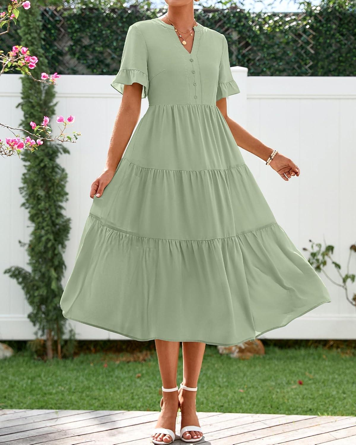 imageBTFBM Summer Dresses for Women 2025 Vacation V Neck Loose Short Sleeve A Line Tiered Flowy Casual Midi Beach DressGrey Green