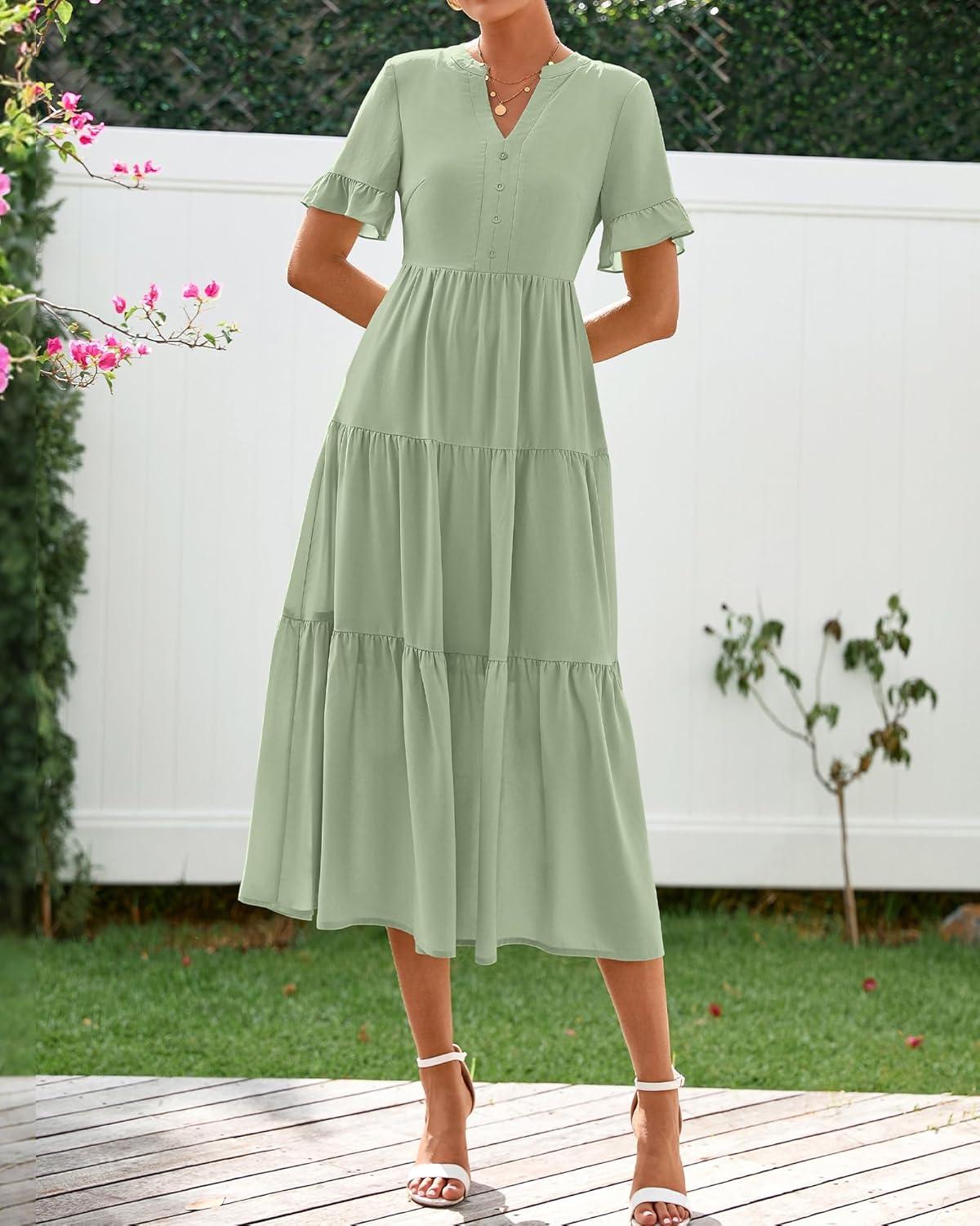 imageBTFBM Summer Dresses for Women 2025 Vacation V Neck Loose Short Sleeve A Line Tiered Flowy Casual Midi Beach DressGrey Green
