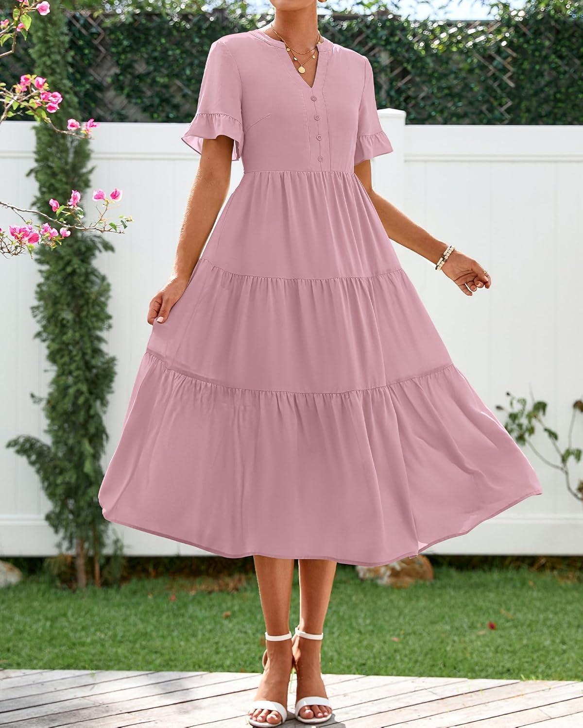 imageBTFBM Summer Dresses for Women 2025 Vacation V Neck Loose Short Sleeve A Line Tiered Flowy Casual Midi Beach DressHeather Pink