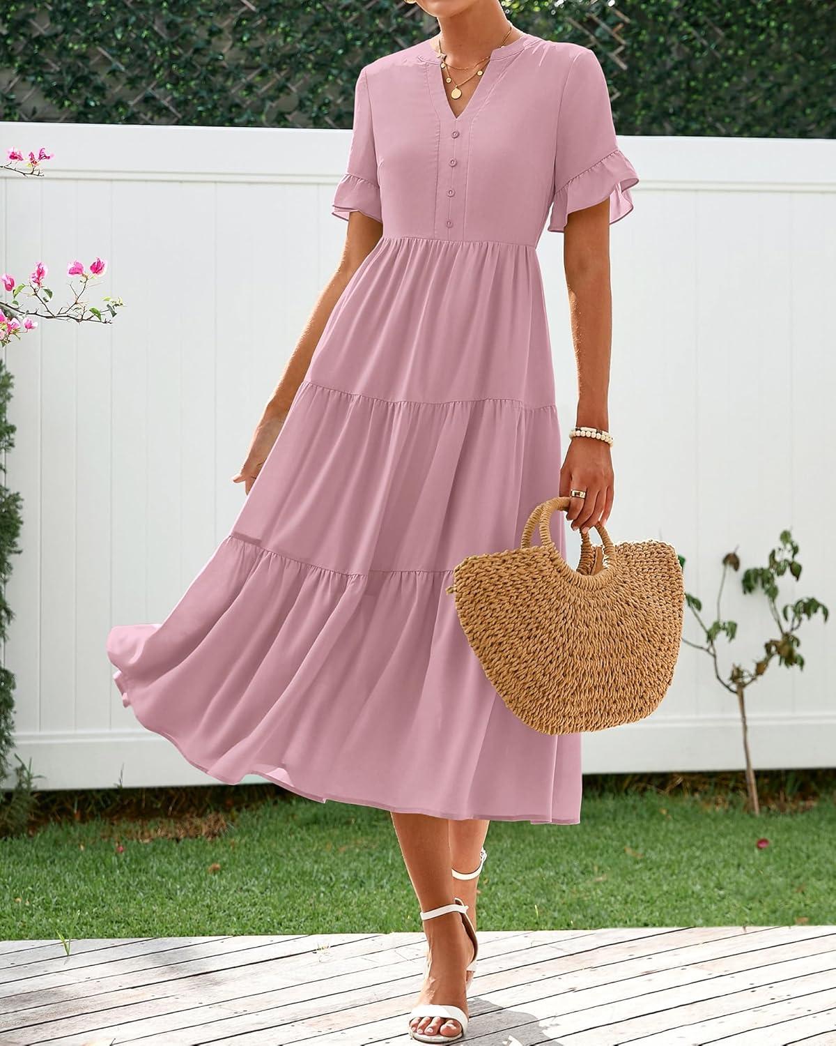 imageBTFBM Summer Dresses for Women 2025 Vacation V Neck Loose Short Sleeve A Line Tiered Flowy Casual Midi Beach DressHeather Pink