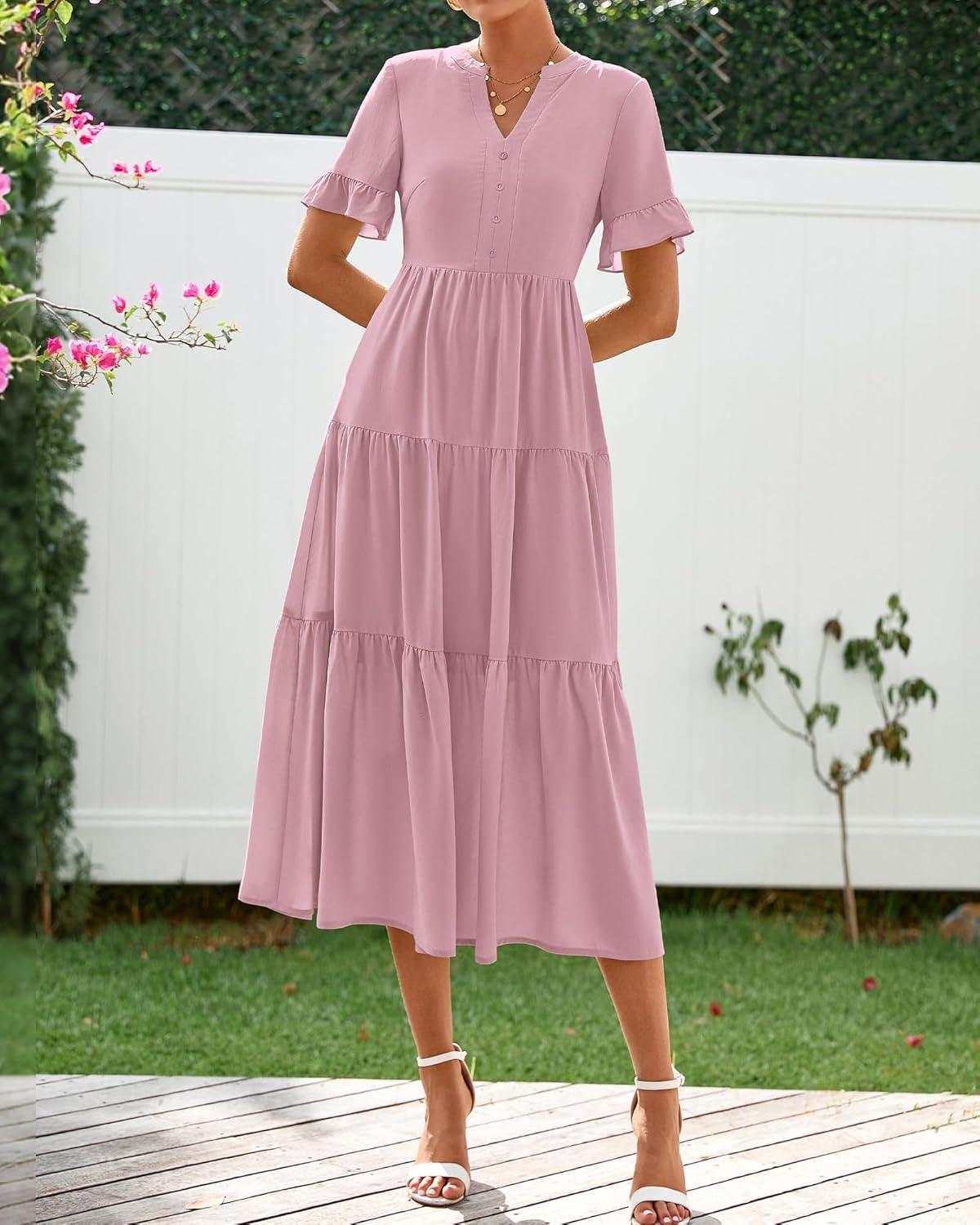 imageBTFBM Summer Dresses for Women 2025 Vacation V Neck Loose Short Sleeve A Line Tiered Flowy Casual Midi Beach DressHeather Pink