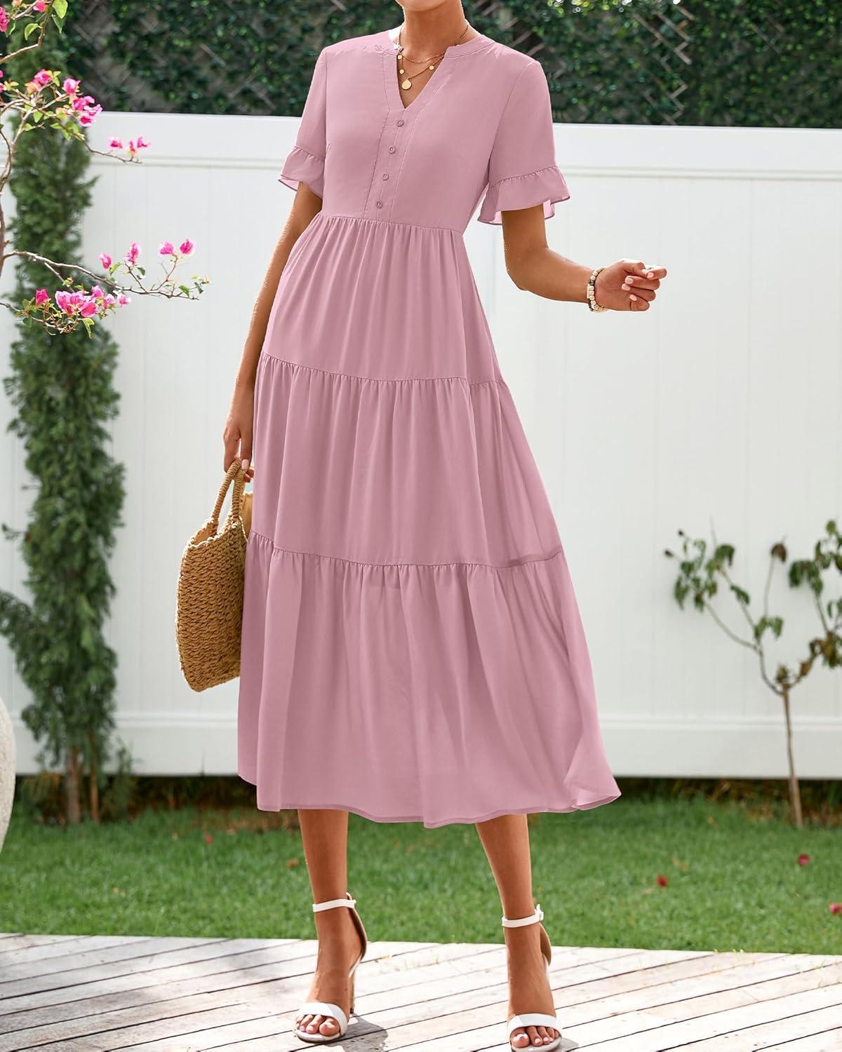 imageBTFBM Summer Dresses for Women 2025 Vacation V Neck Loose Short Sleeve A Line Tiered Flowy Casual Midi Beach DressHeather Pink
