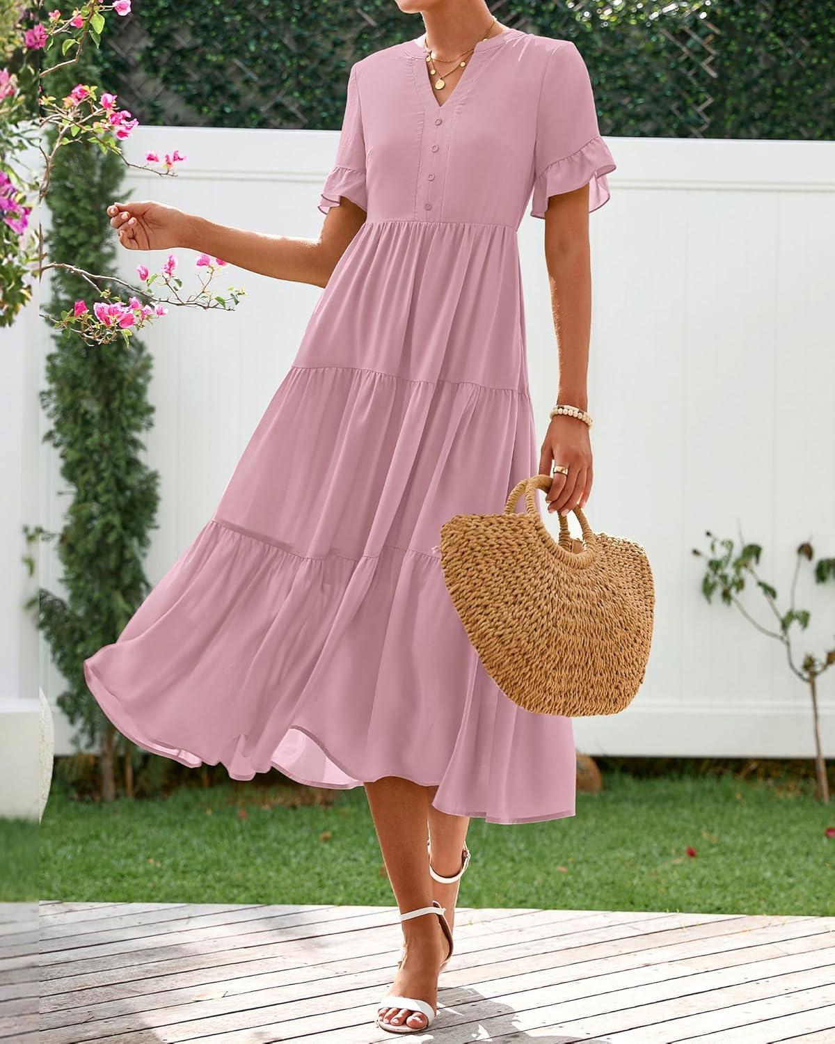 imageBTFBM Summer Dresses for Women 2025 Vacation V Neck Loose Short Sleeve A Line Tiered Flowy Casual Midi Beach DressHeather Pink