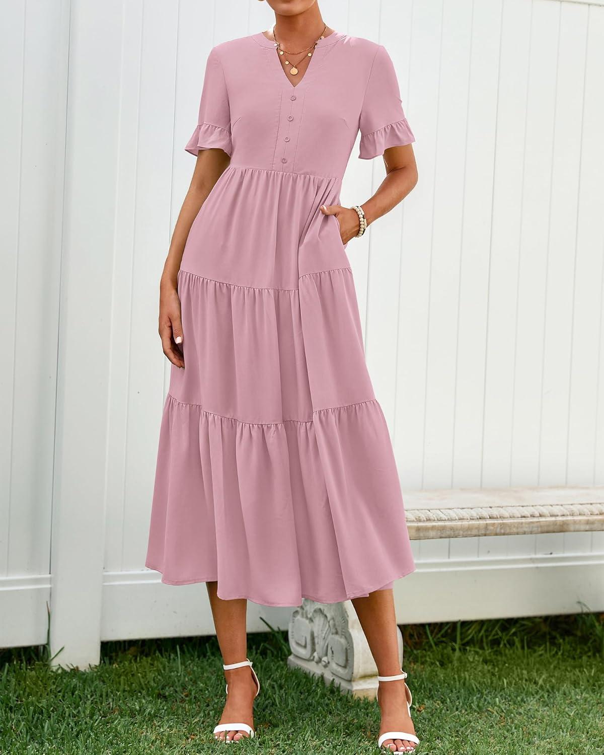 imageBTFBM Summer Dresses for Women 2025 Vacation V Neck Loose Short Sleeve A Line Tiered Flowy Casual Midi Beach DressHeather Pink