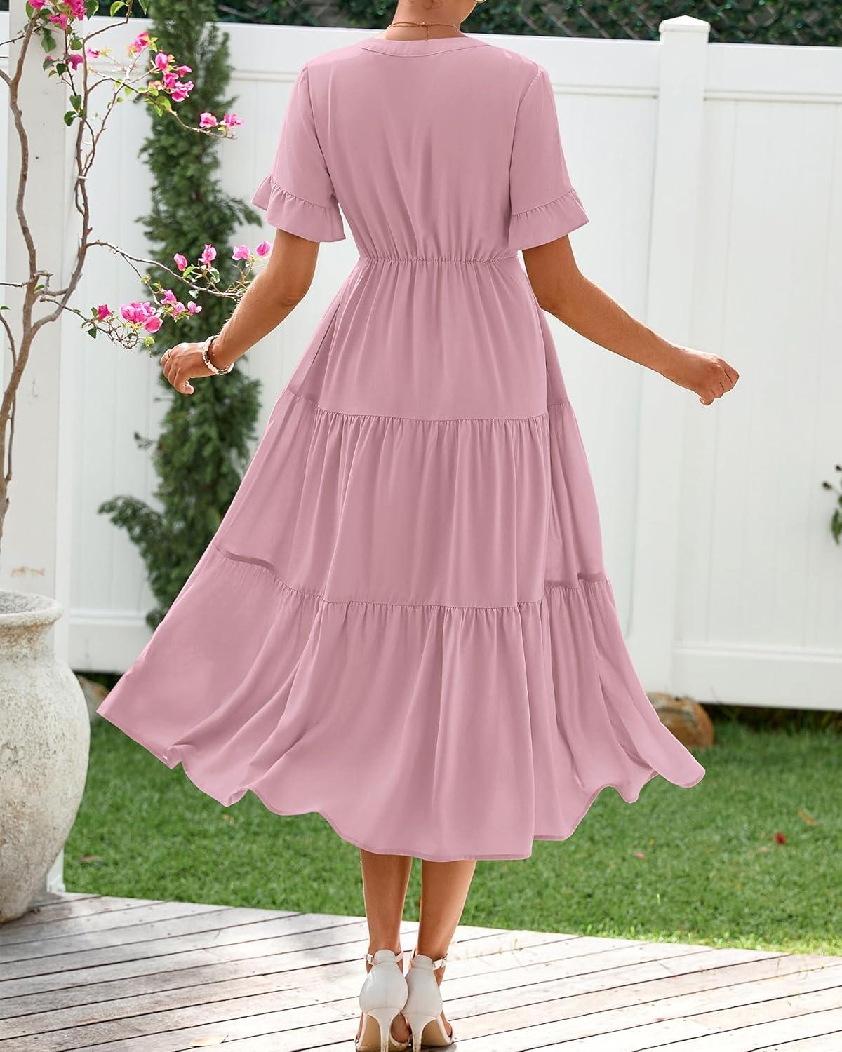 imageBTFBM Summer Dresses for Women 2025 Vacation V Neck Loose Short Sleeve A Line Tiered Flowy Casual Midi Beach DressHeather Pink