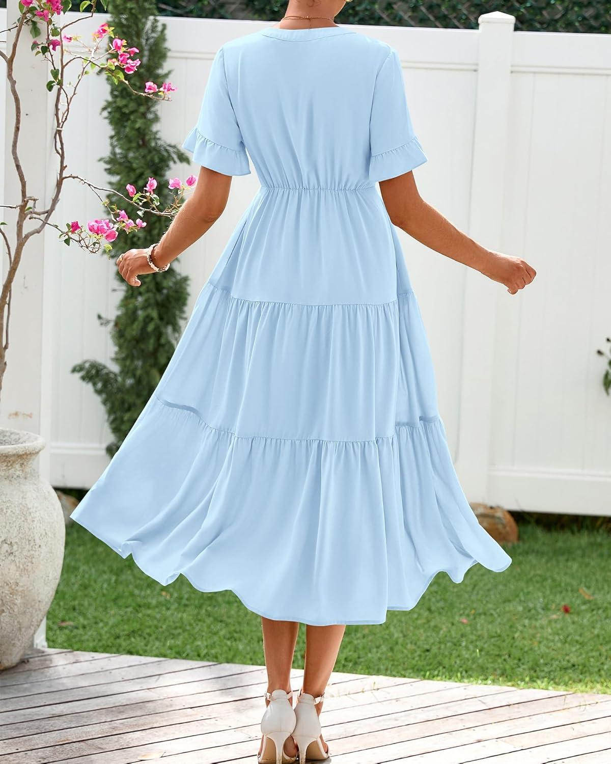 imageBTFBM Summer Dresses for Women 2025 Vacation V Neck Loose Short Sleeve A Line Tiered Flowy Casual Midi Beach DressSky Blue
