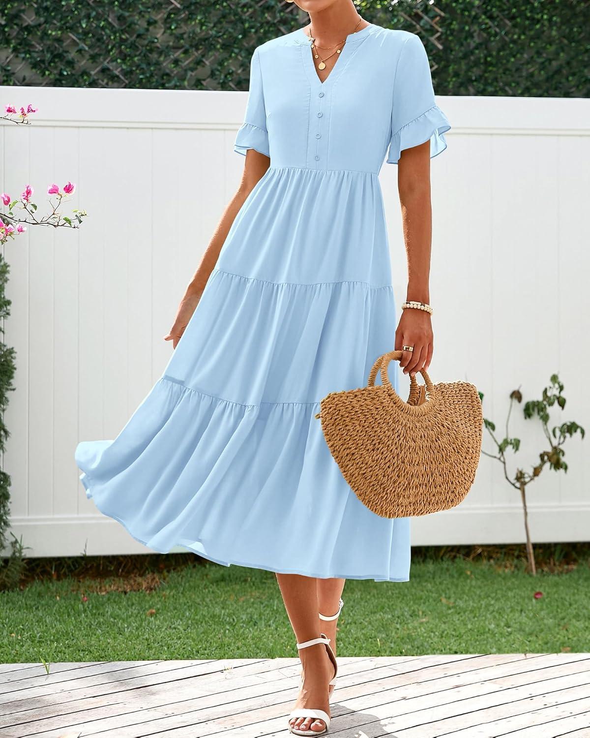imageBTFBM Summer Dresses for Women 2025 Vacation V Neck Loose Short Sleeve A Line Tiered Flowy Casual Midi Beach DressSky Blue