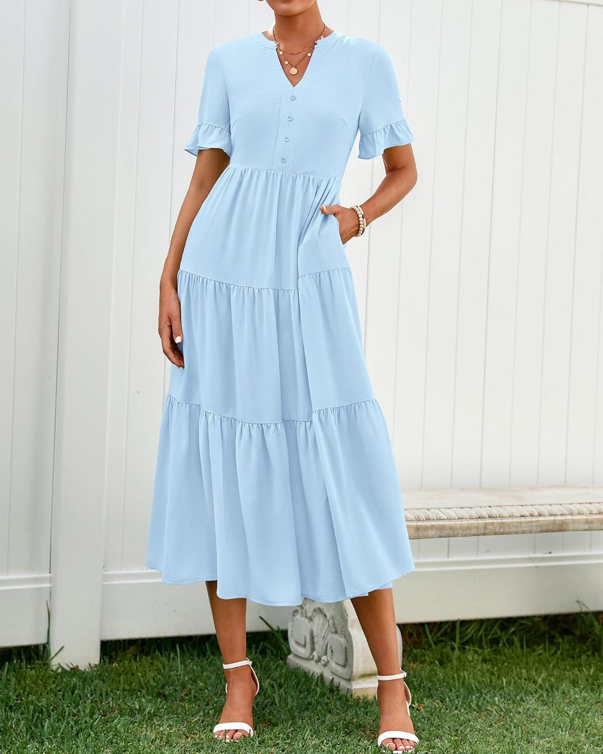 imageBTFBM Summer Dresses for Women 2025 Vacation V Neck Loose Short Sleeve A Line Tiered Flowy Casual Midi Beach DressSky Blue