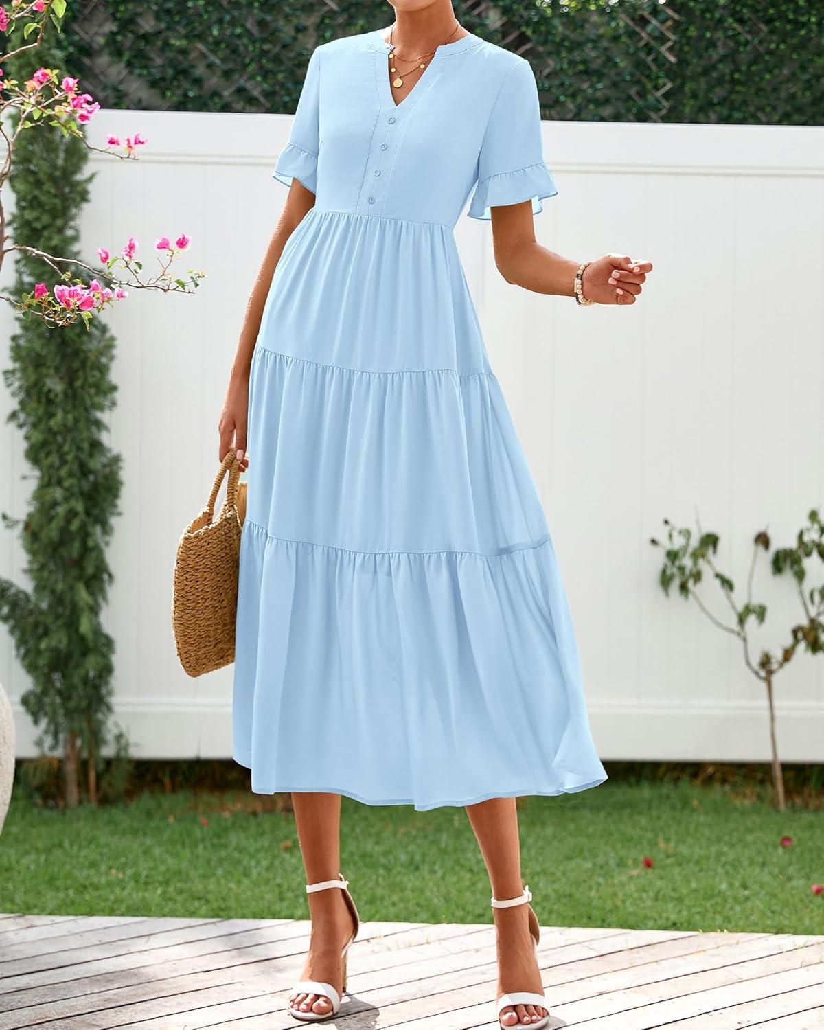 imageBTFBM Summer Dresses for Women 2025 Vacation V Neck Loose Short Sleeve A Line Tiered Flowy Casual Midi Beach DressSky Blue