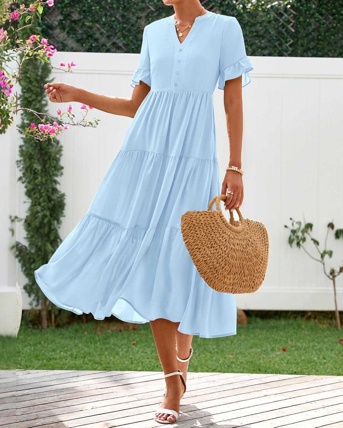 imageBTFBM Summer Dresses for Women 2025 Vacation V Neck Loose Short Sleeve A Line Tiered Flowy Casual Midi Beach DressSky Blue