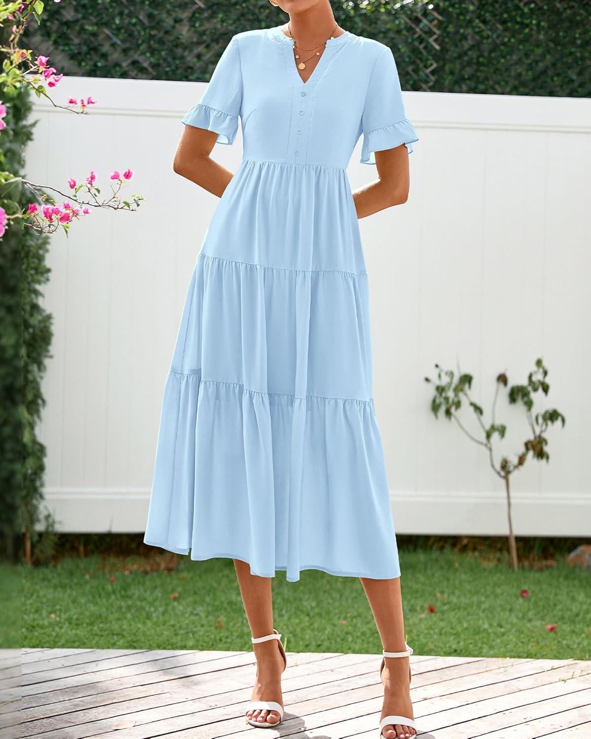 imageBTFBM Summer Dresses for Women 2025 Vacation V Neck Loose Short Sleeve A Line Tiered Flowy Casual Midi Beach DressSky Blue
