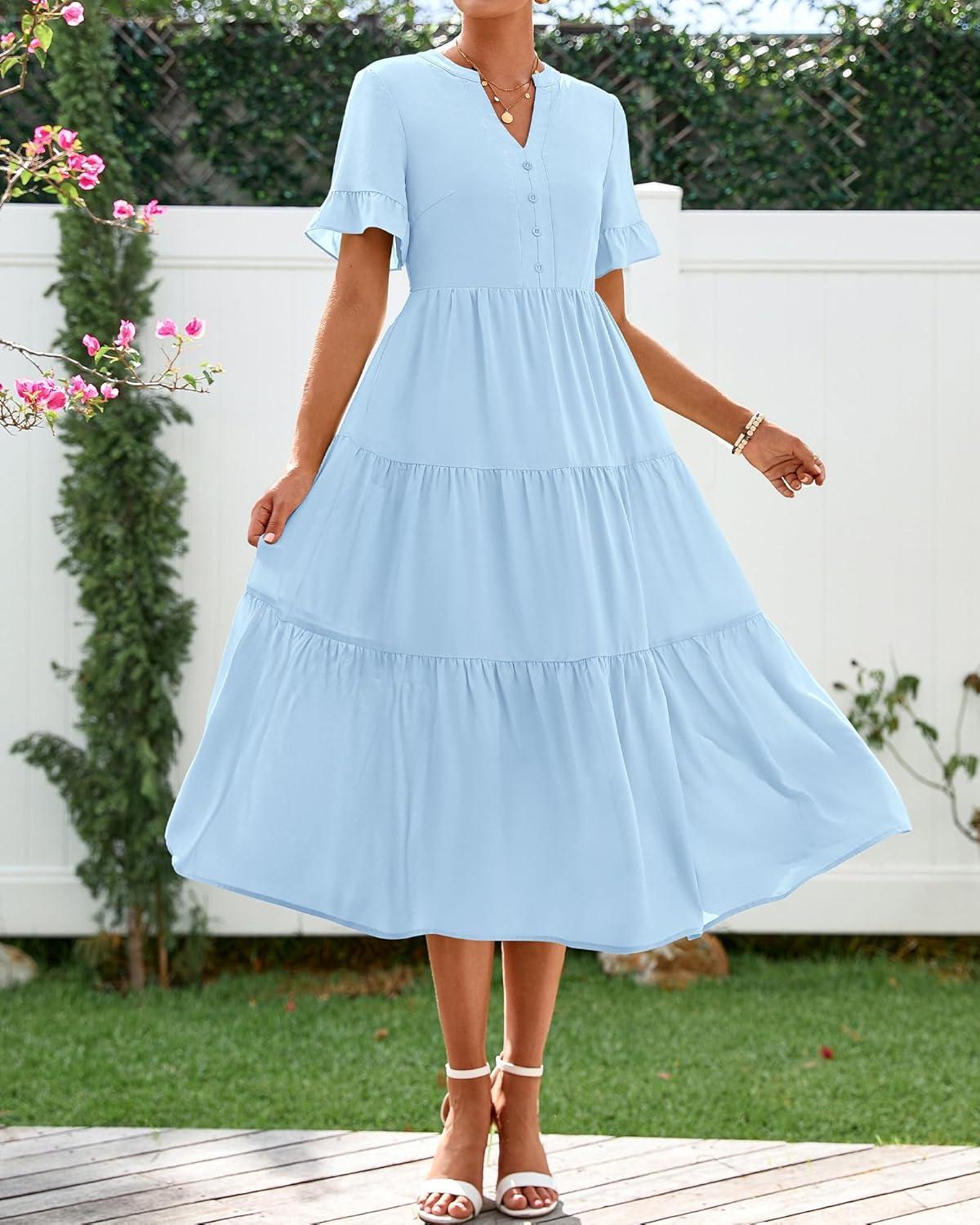 imageBTFBM Summer Dresses for Women 2025 Vacation V Neck Loose Short Sleeve A Line Tiered Flowy Casual Midi Beach DressSky Blue