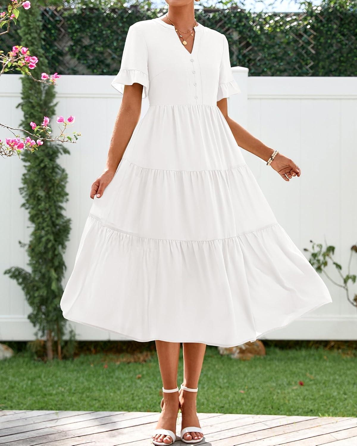 imageBTFBM Summer Dresses for Women 2025 Vacation V Neck Loose Short Sleeve A Line Tiered Flowy Casual Midi Beach DressWhite