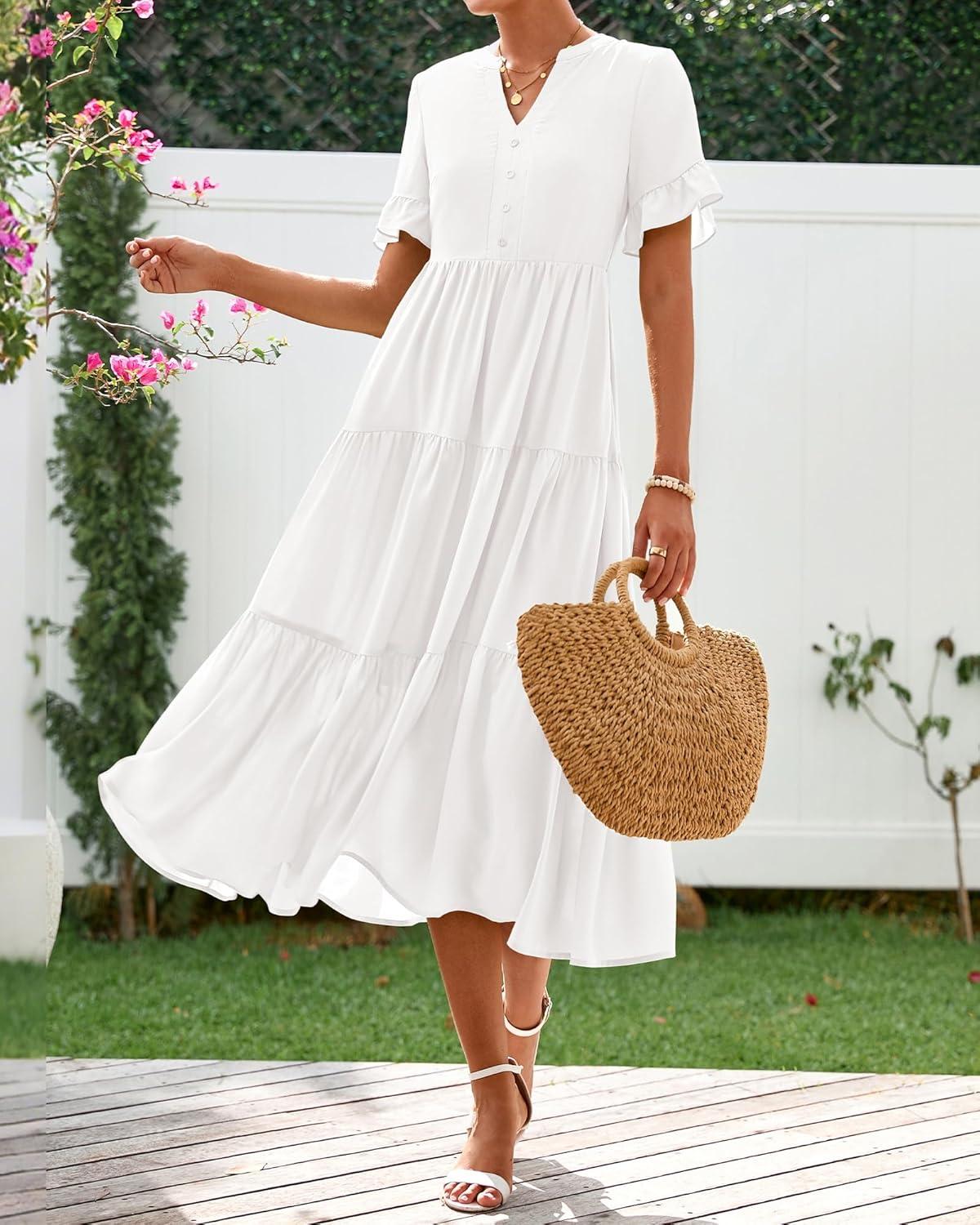 imageBTFBM Summer Dresses for Women 2025 Vacation V Neck Loose Short Sleeve A Line Tiered Flowy Casual Midi Beach DressWhite