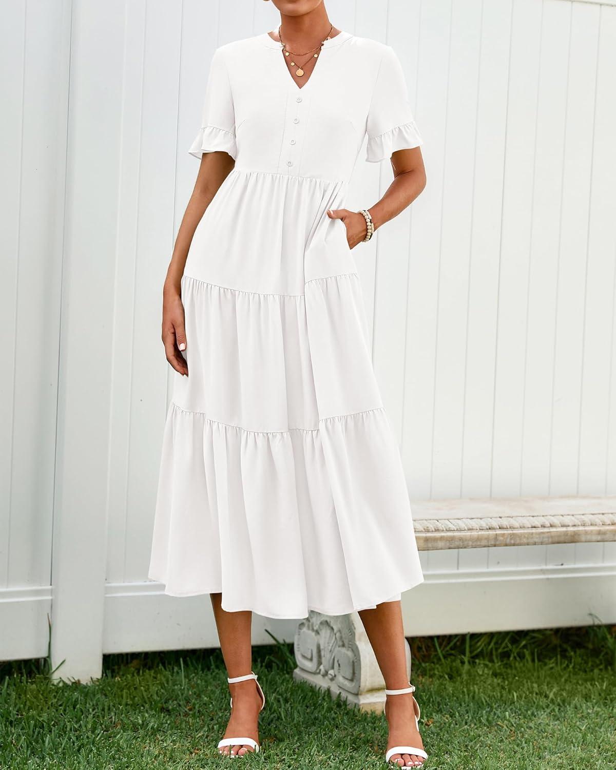 imageBTFBM Summer Dresses for Women 2025 Vacation V Neck Loose Short Sleeve A Line Tiered Flowy Casual Midi Beach DressWhite