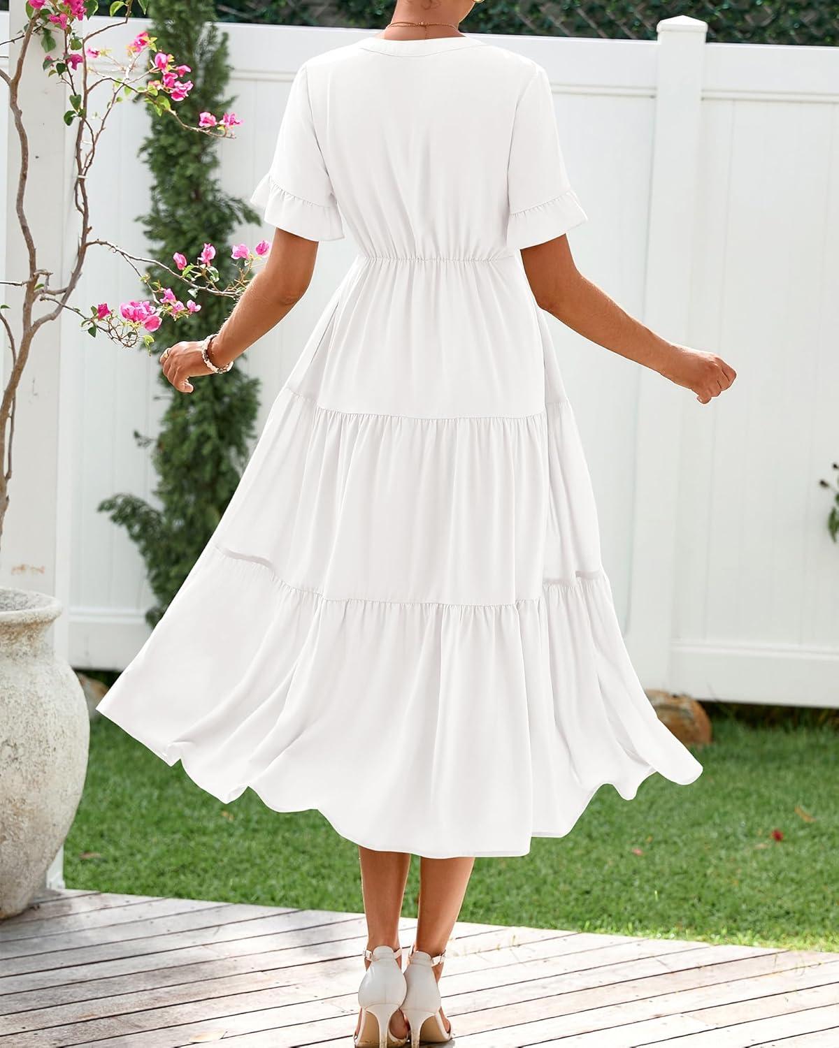 imageBTFBM Summer Dresses for Women 2025 Vacation V Neck Loose Short Sleeve A Line Tiered Flowy Casual Midi Beach DressWhite