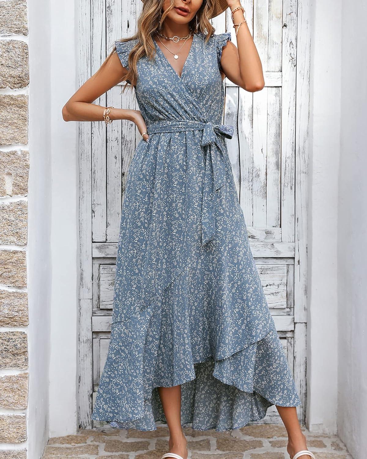 imageBTFBM Summer Floral Maxi Dress for Women 2025 Vacation Ruffle Sleeve V Neck Belt Wrap Spring Beach Wedding Guest DressesFloral Blue