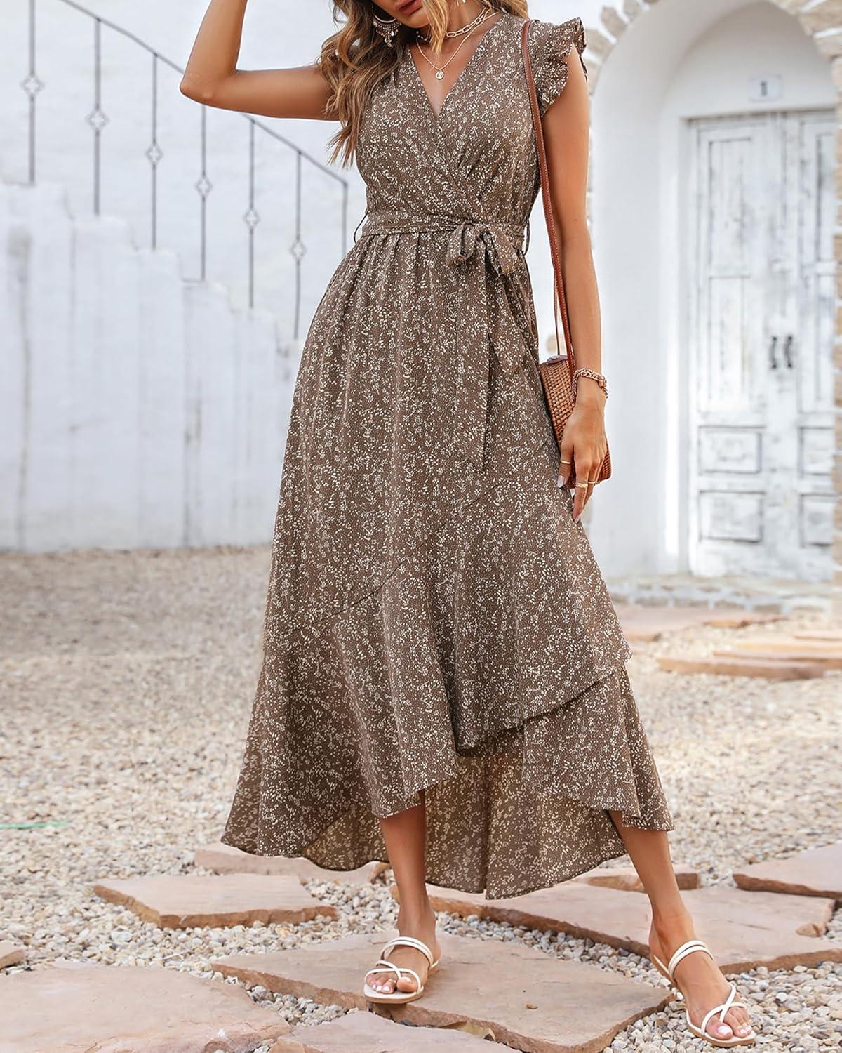 imageBTFBM Summer Floral Maxi Dress for Women 2025 Vacation Ruffle Sleeve V Neck Belt Wrap Spring Beach Wedding Guest DressesFloral Brown
