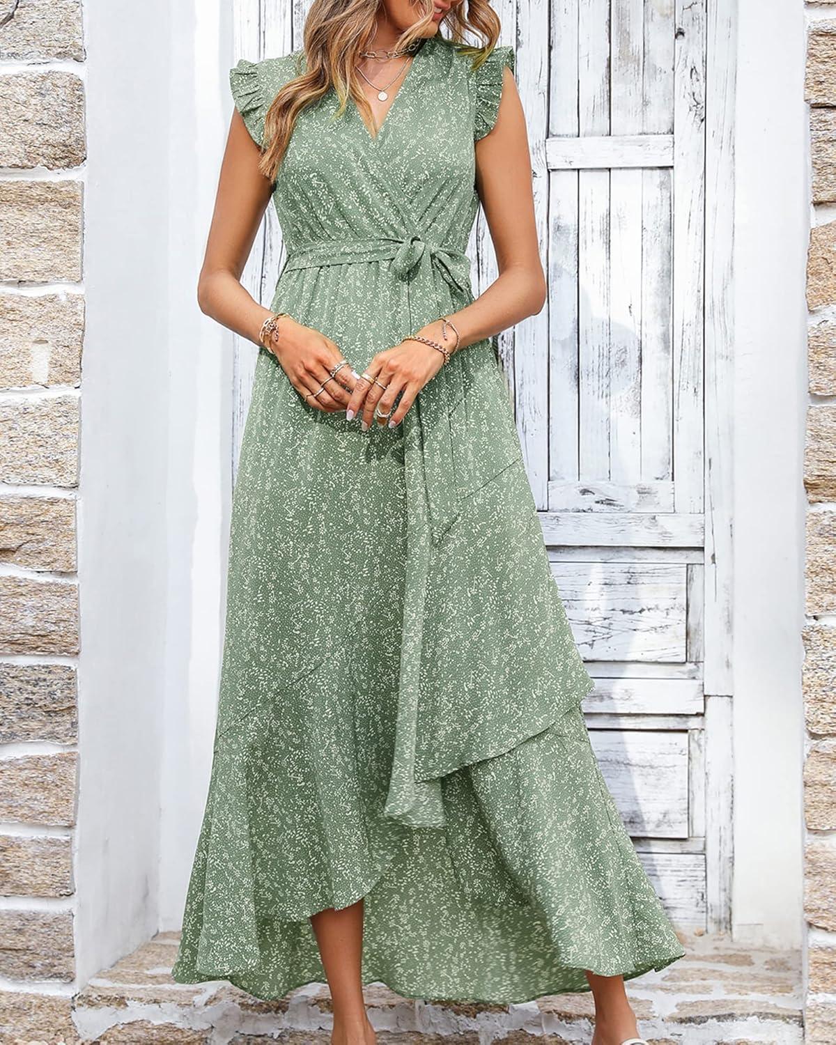 imageBTFBM Summer Floral Maxi Dress for Women 2025 Vacation Ruffle Sleeve V Neck Belt Wrap Spring Beach Wedding Guest DressesFloral Green