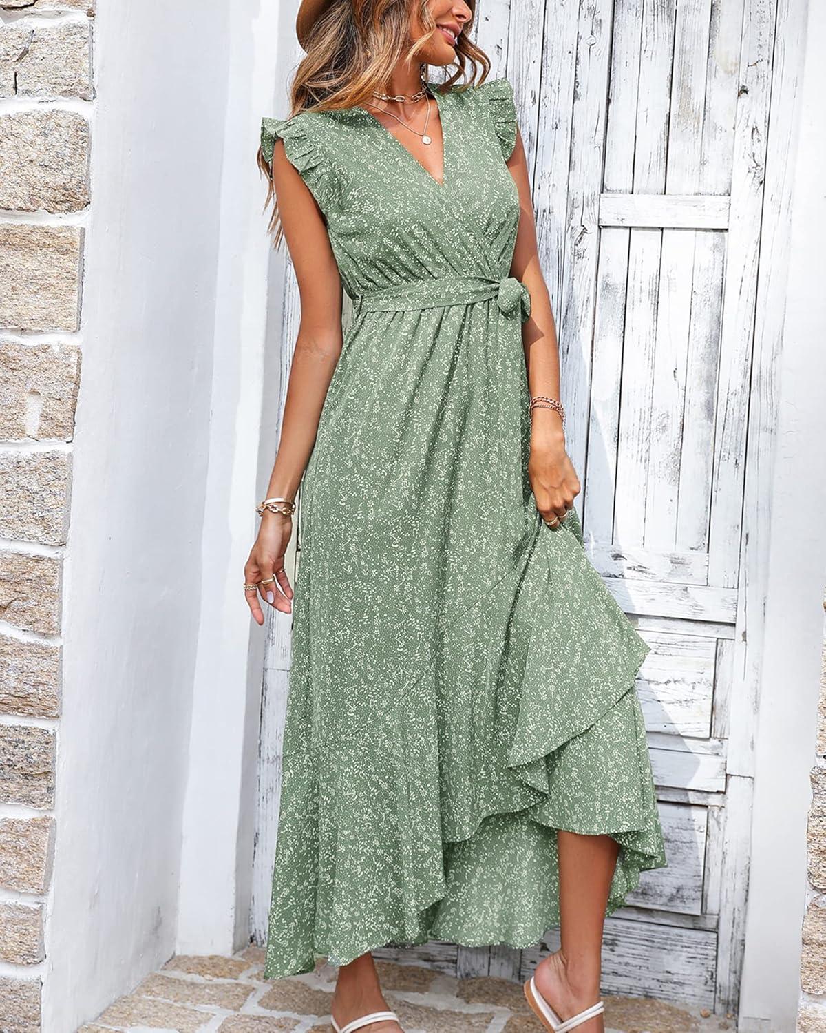 imageBTFBM Summer Floral Maxi Dress for Women 2025 Vacation Ruffle Sleeve V Neck Belt Wrap Spring Beach Wedding Guest DressesFloral Green