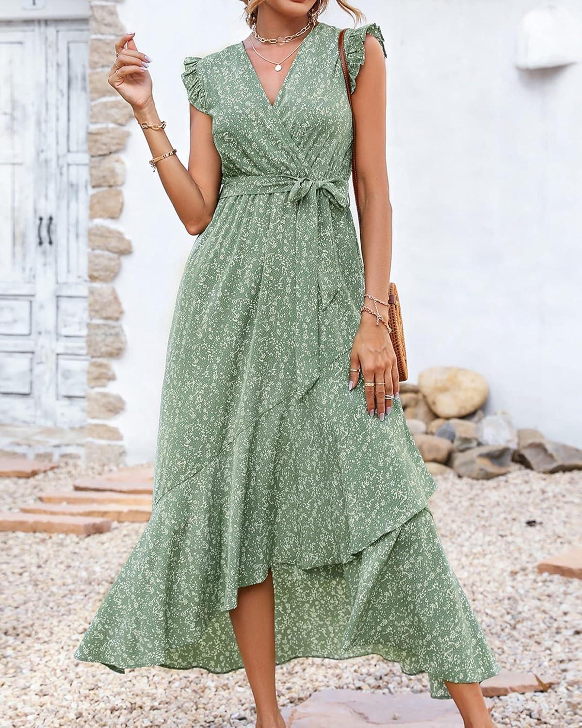 imageBTFBM Summer Floral Maxi Dress for Women 2025 Vacation Ruffle Sleeve V Neck Belt Wrap Spring Beach Wedding Guest DressesFloral Green