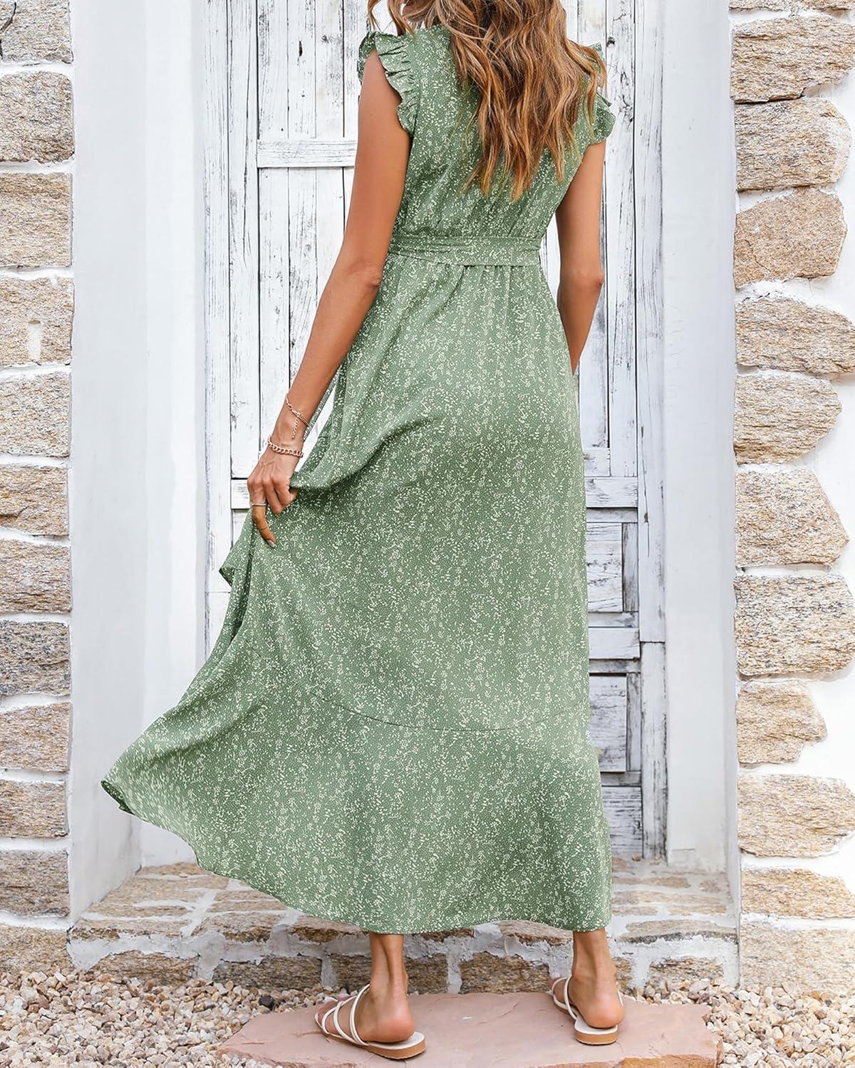 imageBTFBM Summer Floral Maxi Dress for Women 2025 Vacation Ruffle Sleeve V Neck Belt Wrap Spring Beach Wedding Guest DressesFloral Green