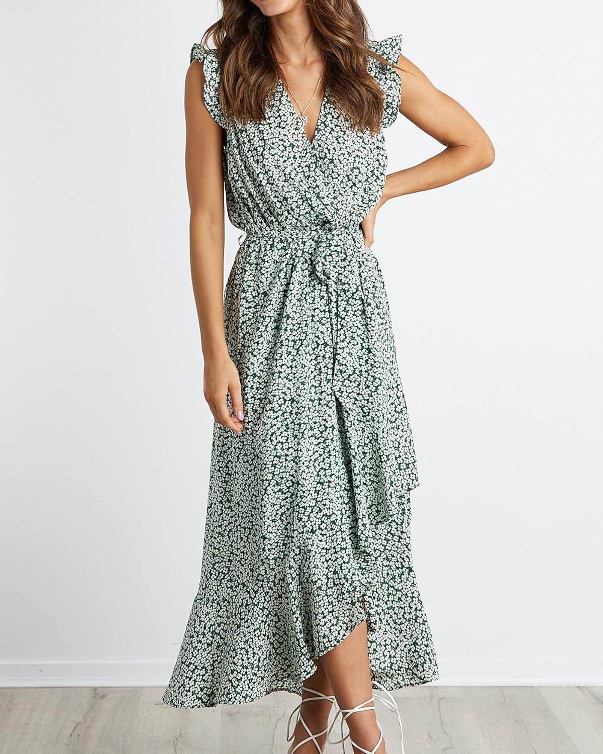 imageBTFBM Summer Floral Maxi Dress for Women 2025 Vacation Ruffle Sleeve V Neck Belt Wrap Spring Beach Wedding Guest DressesFloral Print Green