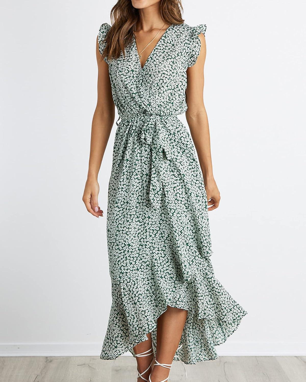 imageBTFBM Summer Floral Maxi Dress for Women 2025 Vacation Ruffle Sleeve V Neck Belt Wrap Spring Beach Wedding Guest DressesFloral Print Green