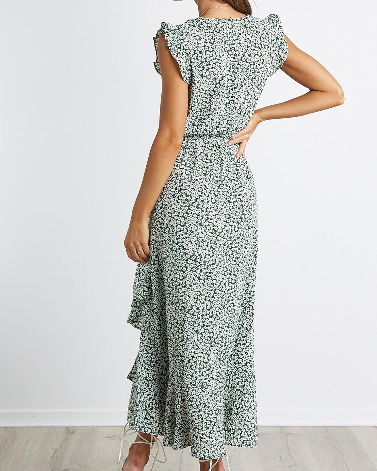 imageBTFBM Summer Floral Maxi Dress for Women 2025 Vacation Ruffle Sleeve V Neck Belt Wrap Spring Beach Wedding Guest DressesFloral Print Green