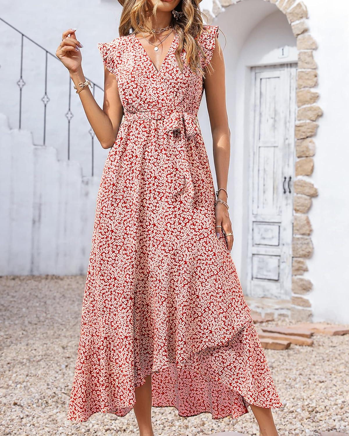 imageBTFBM Summer Floral Maxi Dress for Women 2025 Vacation Ruffle Sleeve V Neck Belt Wrap Spring Beach Wedding Guest DressesFloral Print Red