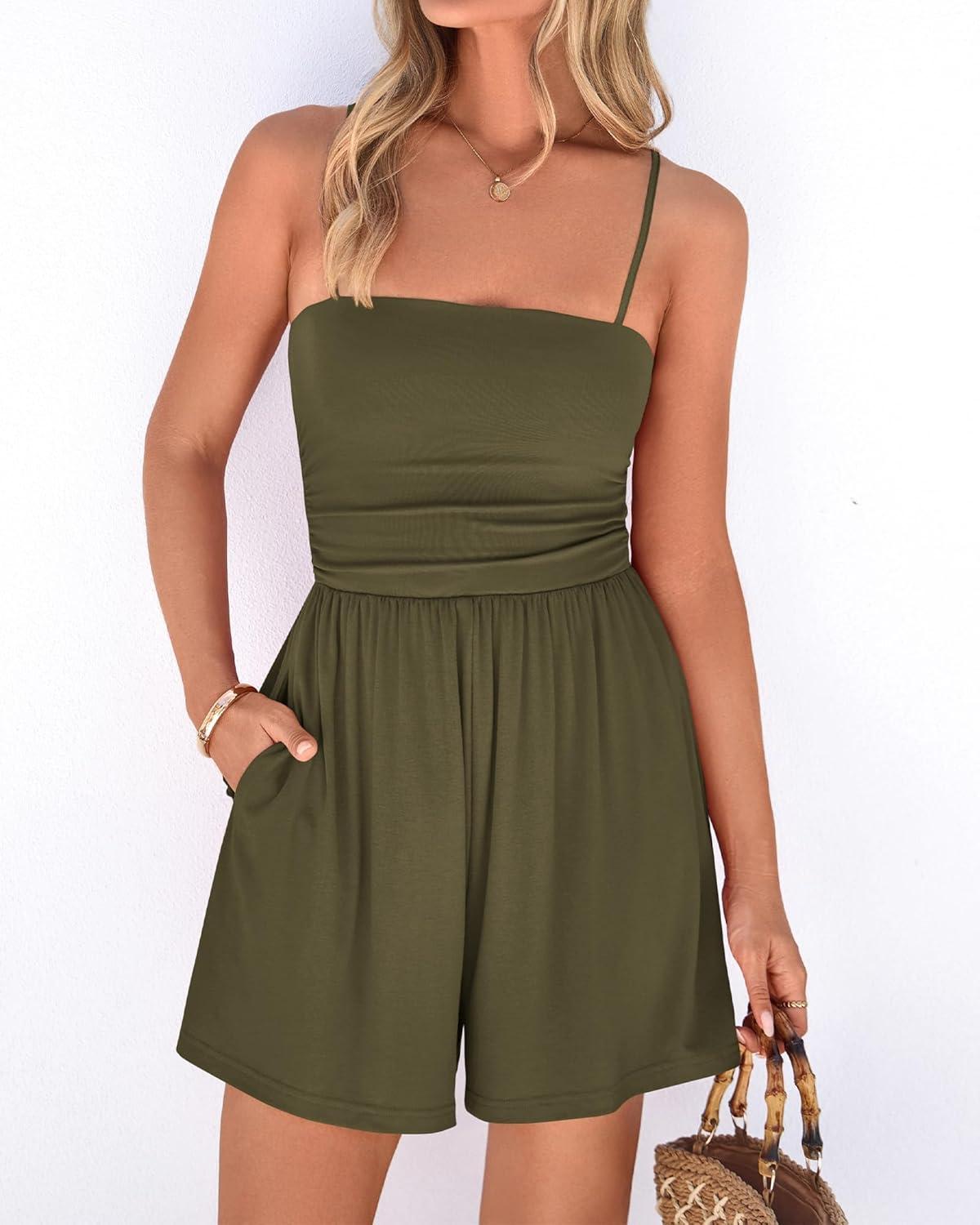 imageBTFBM Summer Rompers For Women 2026 Casual One Piece Spaghetti Strap Sleeveless Shorts Jumpsuit Beach Vacation OutfitsArmy Green