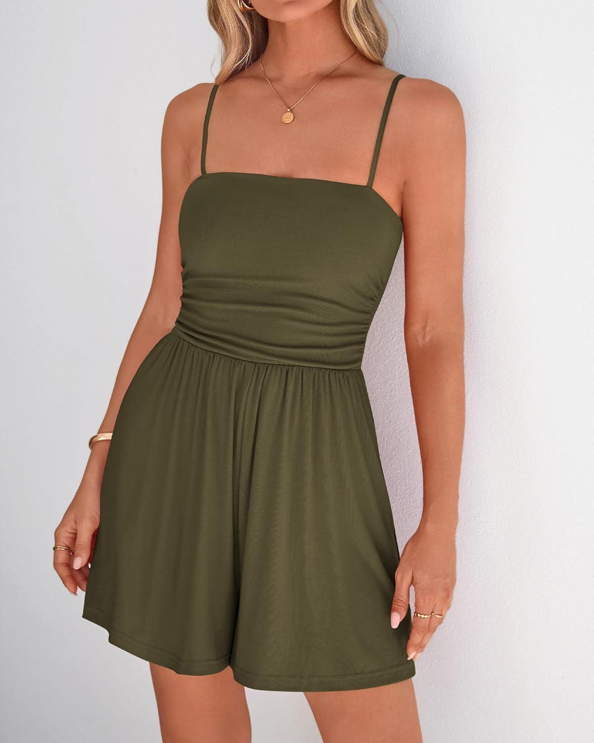 imageBTFBM Summer Rompers For Women 2026 Casual One Piece Spaghetti Strap Sleeveless Shorts Jumpsuit Beach Vacation OutfitsArmy Green
