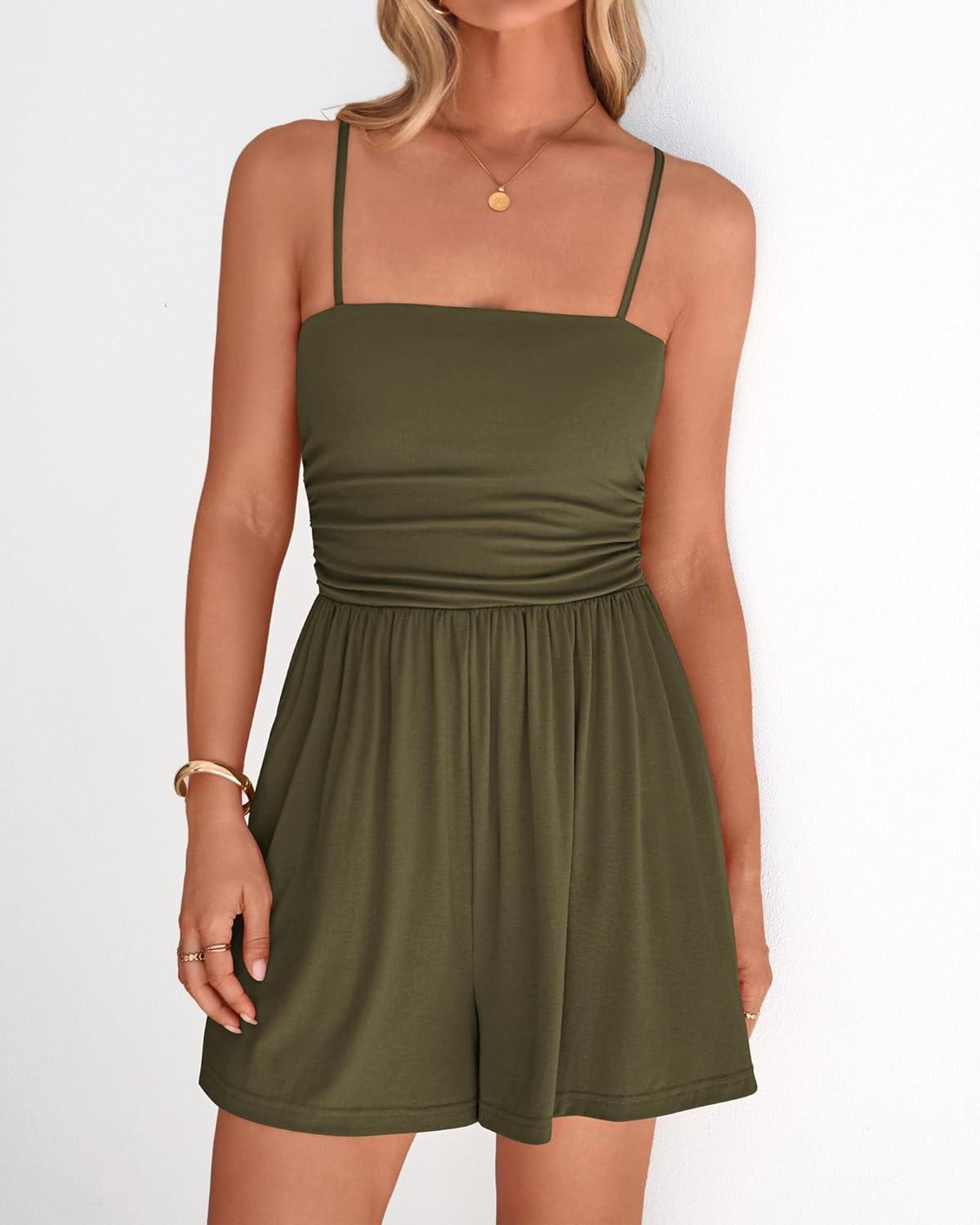 imageBTFBM Summer Rompers For Women 2026 Casual One Piece Spaghetti Strap Sleeveless Shorts Jumpsuit Beach Vacation OutfitsArmy Green